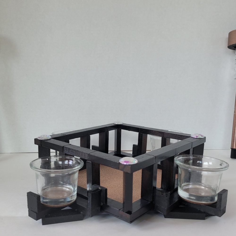 Handmade Black Wooden Candle Holder with Glass Cups